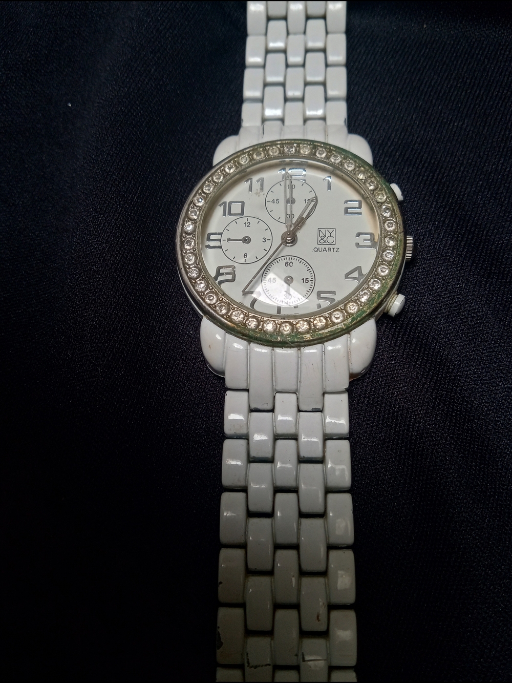 New York & Company White Women’s Ceramic-Link Watch with Crystal Bezel